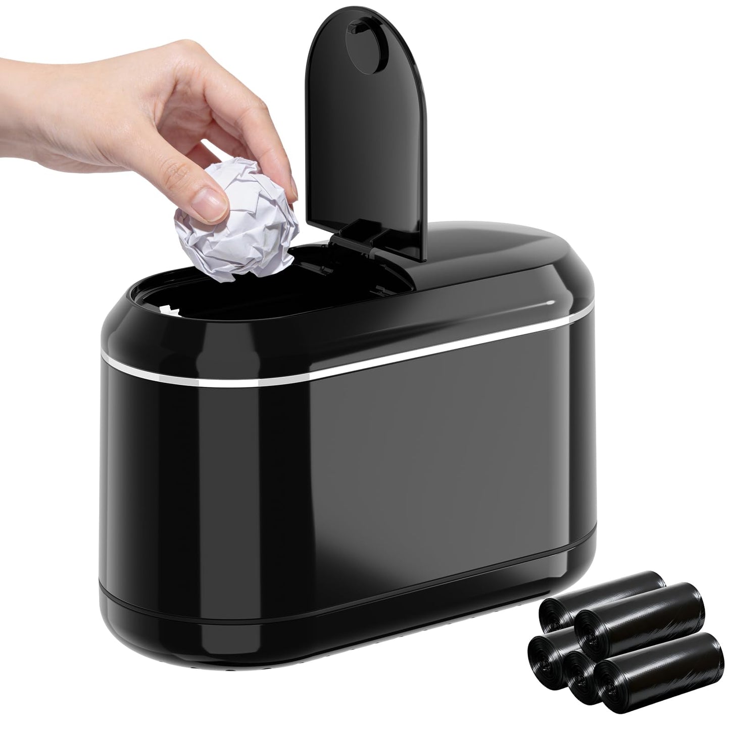 PAVSTINE Mini Trash Can for Desk with 5 Rolls of Trash Bags, Small Press-Top Countertop Garbage Bin, Removable Waste Basket for Bedroom, Vanity, Coffee Table, Kitchen (Black Half-Lid)