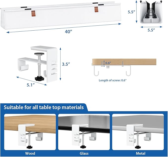 Zilink Large Cable Management Under Desk 40" No Drill Desk Cable Management Clamp/Screw Mount Fabric Cable Tray Sturdy Waterproof Cable Organizer for Office, Home, White