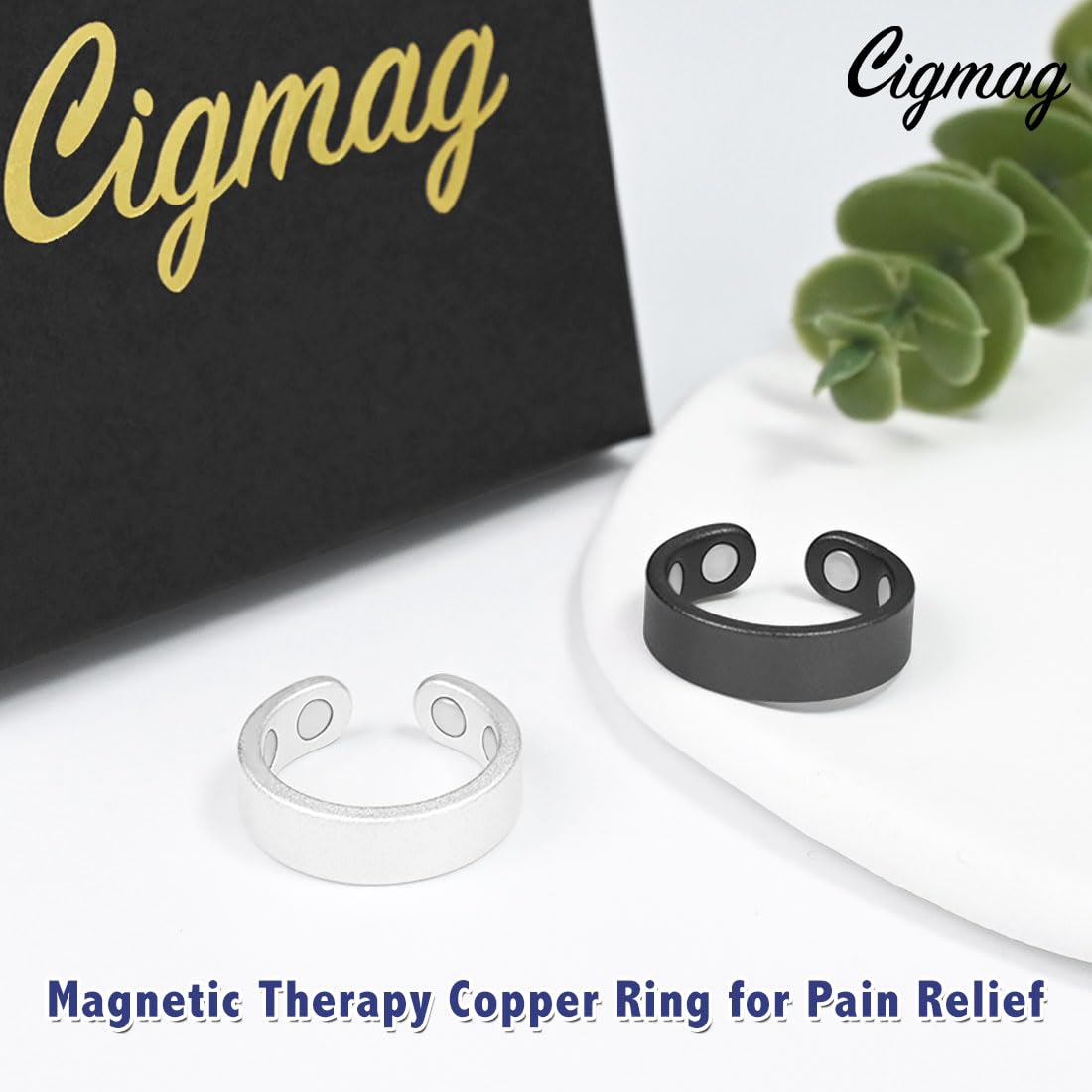 Cigmag 9X Copper Rings for Women Men, with Powerful Magnets, Adjustable Solid Pure Copper (Black & Silver Matte)
