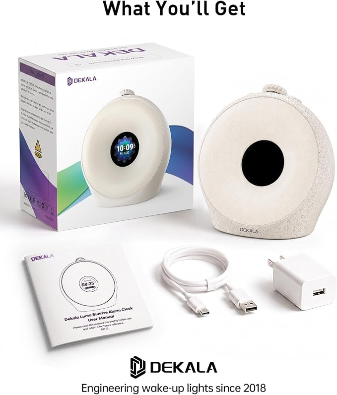 DEKALA Sunrise Alarm Clock for Heavy Sleepers with Pulse Wake, Sunset Sound Machine with Breathing Ambient Light, Loud Alarm for Bedrooms, Wake Up Light, Digital Color Display & 7 Themes, No App