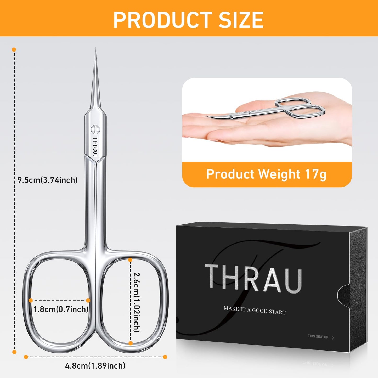 THRAU Cuticle Scissors Extra Fine for Manicure and Pedicure, Curved Blade Nail Scissors, Precise Pointed Tip Grooming Kit for Eyebrow, Eyelash, Trim Nail and Dry Skin, Small Scissors
