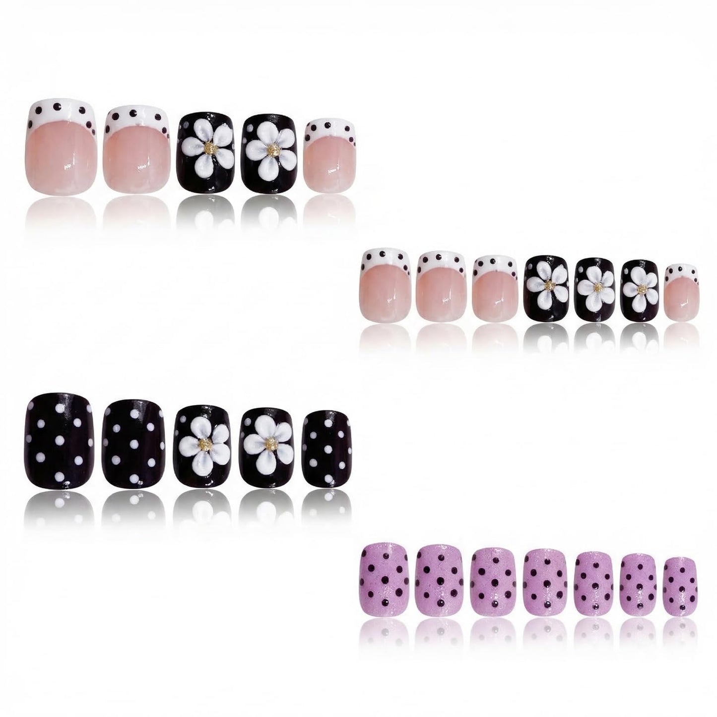 IMSOHOT 24Pcs Short Square Press on Nails - Glossy Pink and Black Polka Dot French Tip Fake Nails with 3D Flower Designs, Sweet Y2K Rhinestone Glue on Nails for Women