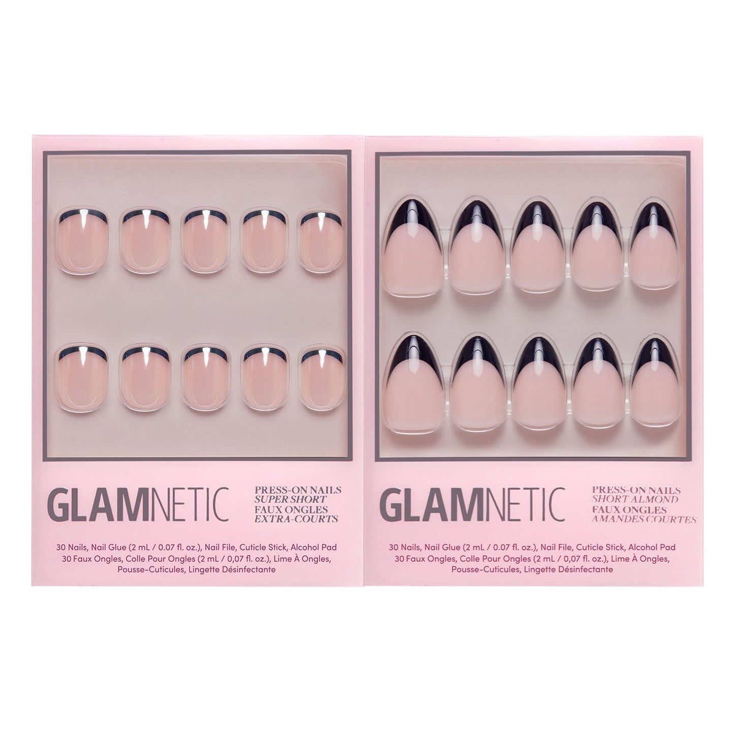 Glamnetic Press-On Nails Bundle - Burnt Miso & Caviar | Super Short Glazed Black French Tips | Short Almond Glossy Black French Tip Fake Nails | Durable, Salon-Quality Nail Kits