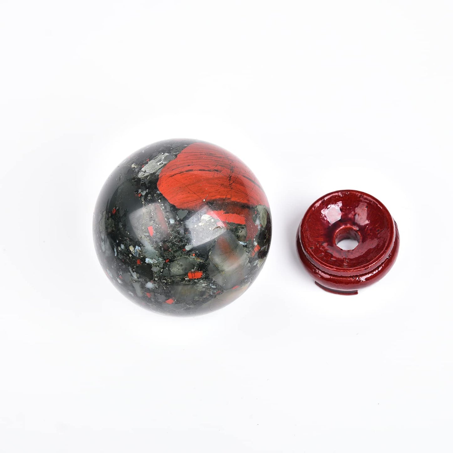 JIC Gem African Bloodstone Crystal Ball Natural Quartz Crystal Sphere Stone Ball with Wooden Base (70-80mm)