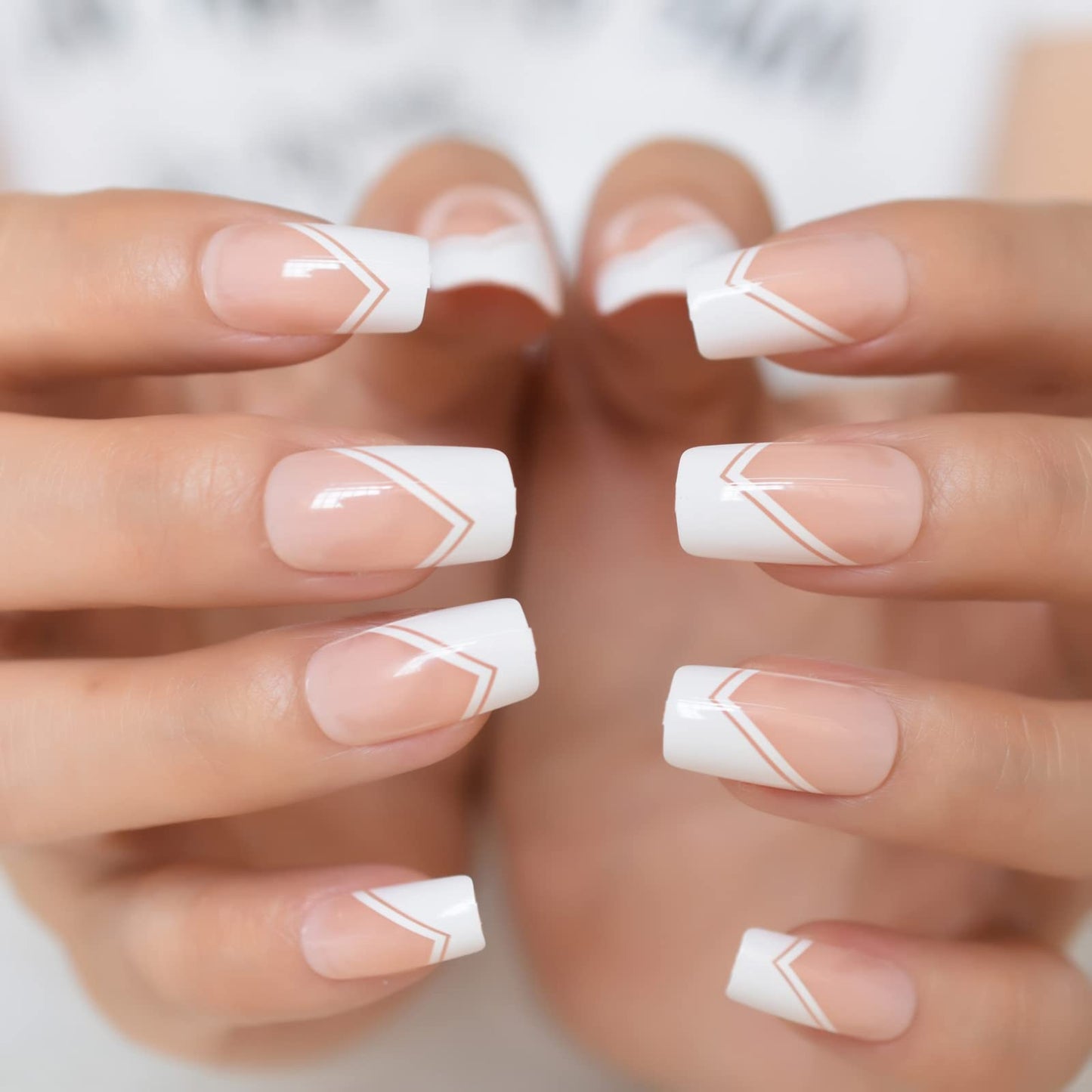 Coolnail Glossy White V French Press on False Nails Square Flat Top Shape Gel Natural Nude Medium Long Fingersnails for Women and Girl