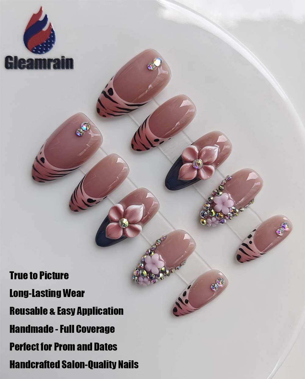 Gleamrain Almond Medium Handmade Press on Nails for Women, Handcrafted Floral Design Deep Nude Natural Press on Nails Thick Kit for Daily Use D314
