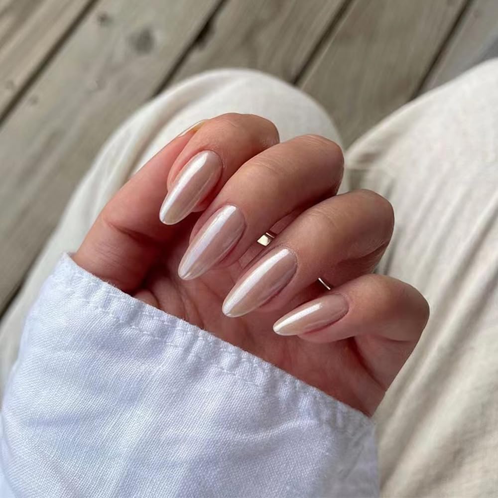 Medium Almond Press On Solid White Glossy False Nail Full Cover Acrylic Stick On Glue On Nails - 24Pcs