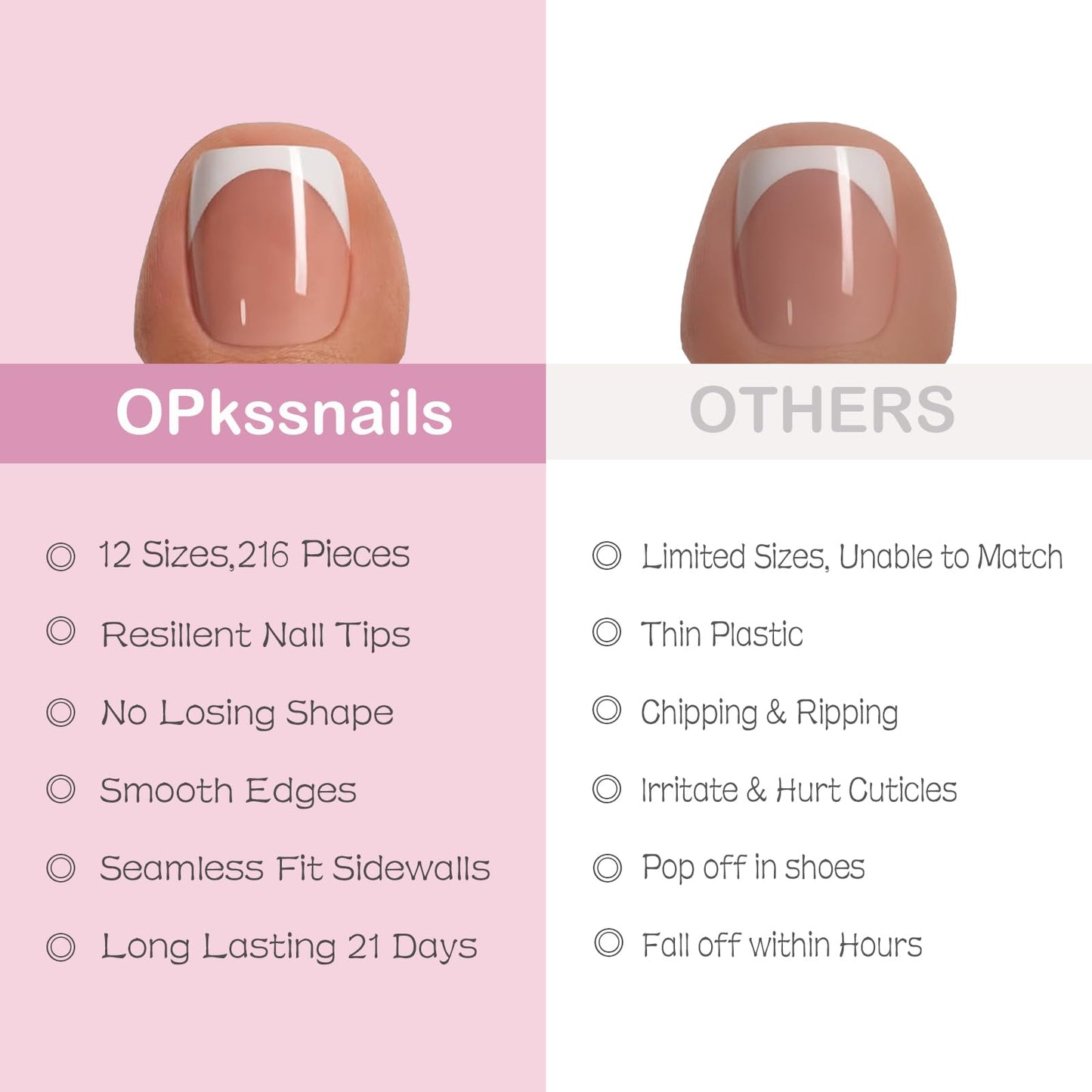 Brown Press on Nail for Women, OPkssnails 216pcs Summer French Tip Press on Toenails Short Square, Soft Gel Toe Nail Tips, Soak off Acrylic Fake Toe Nail Extensions 12 Sizes