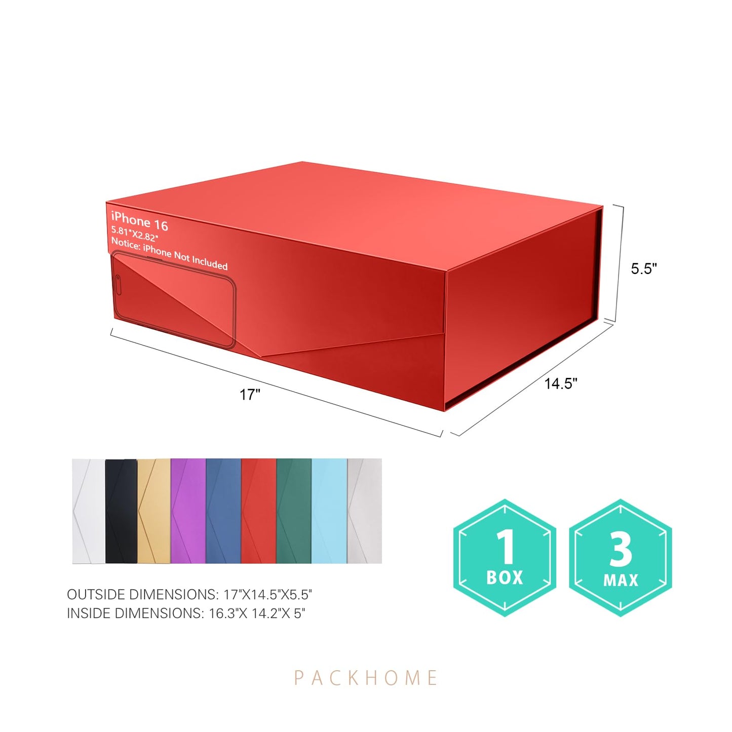 PACKHOME Mother's Day 17x14.5x5.5 Inches, 3 Extra Large Gift Boxes with Lids, Magnetic Closure Boxes for Clothes and Large Gifts (Glossy Red)