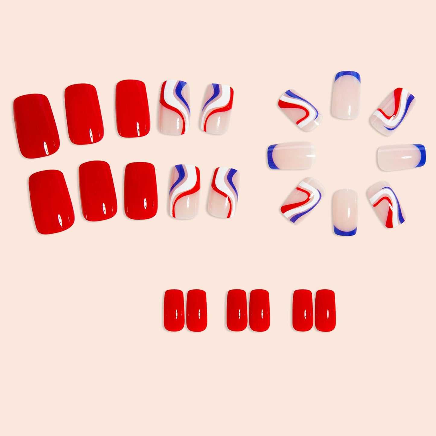 4th of July Independence Day Press on Nails Medium Square Fake Nails with Red Blue White Curved Stripes Design Patriotic False Nails Full Cover Glossy Stick on Nail for Women Manicure 24Pcs