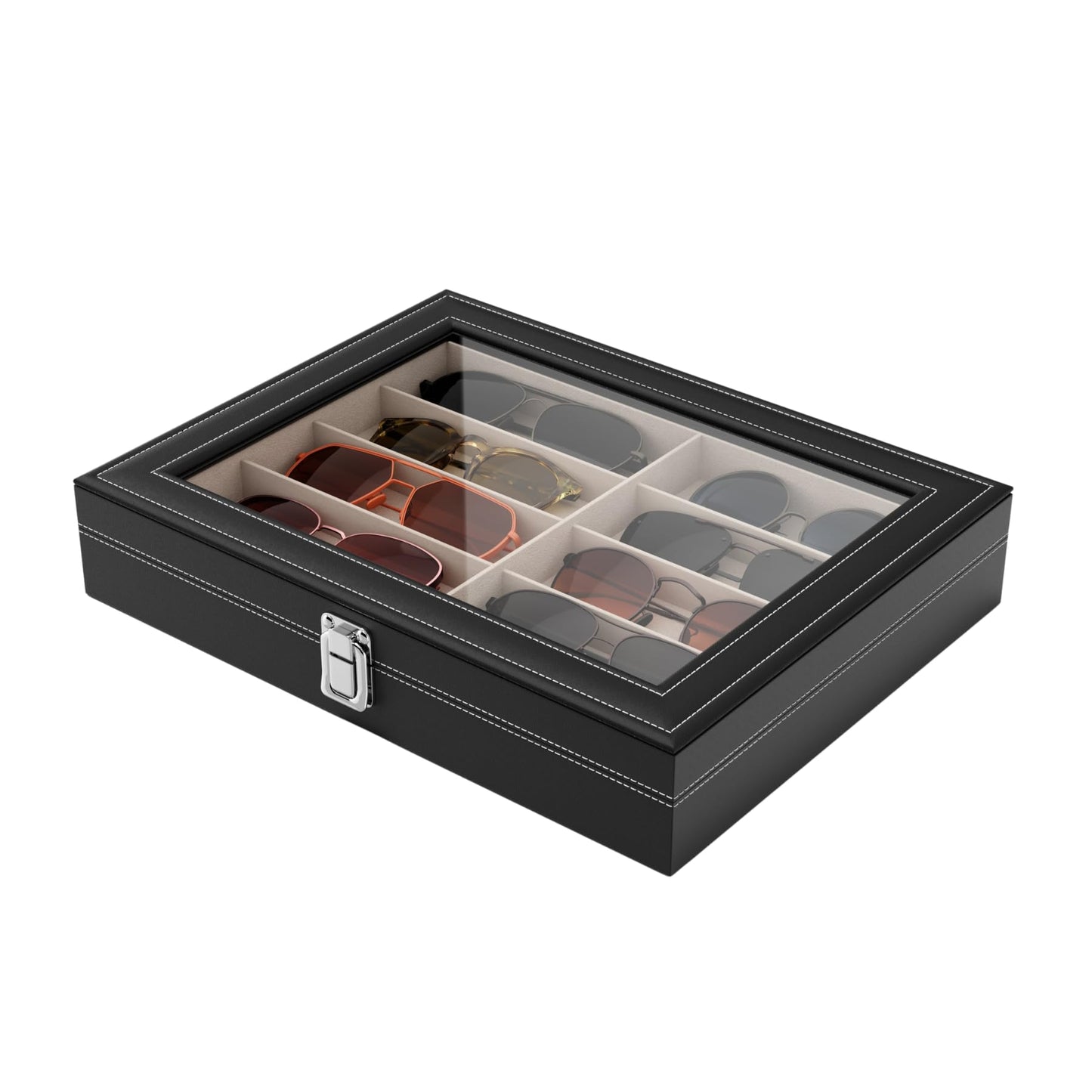 NEWLOOP Sunglass Organizer for Women Men - Multiple Pair of Sunglasses Storage Box Eye Glass Watch Leather Display Case with 10 Slots Black