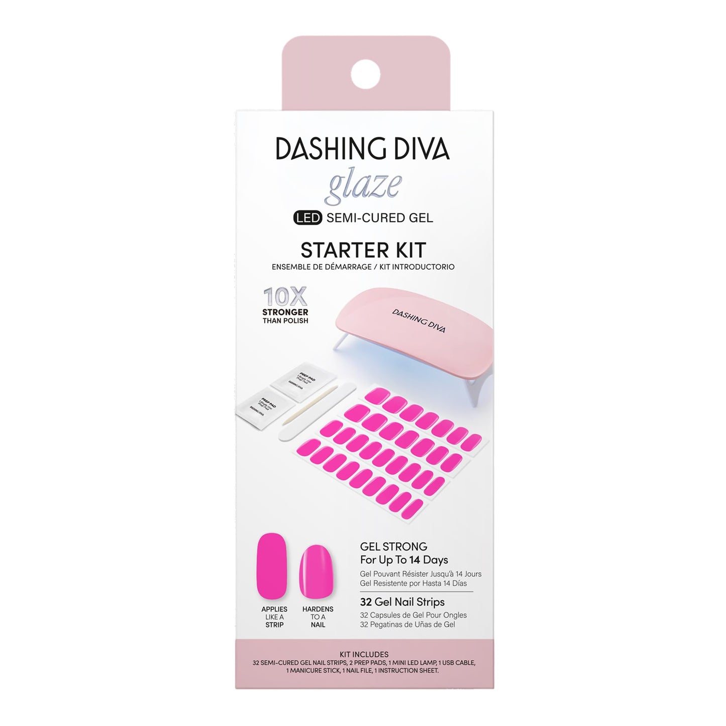 Dashing Diva Glaze Nail Starter Kit - Magenta Madness - Long Lasting, Chip Resistant, Semi-Cured Gel Nail Strips - 7-Piece Manicure Set with 32 Strips and Mini LED Lamp