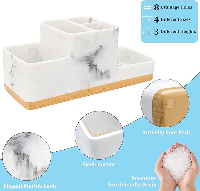 Toothbrush Holder for Bathrooms, Bathroom Organizer Countertop, Rectangle 5 Compartment Bathroom Accessories Storage for Toothpaste/Shaver and Other Items,White Resin of Marble Color (White)