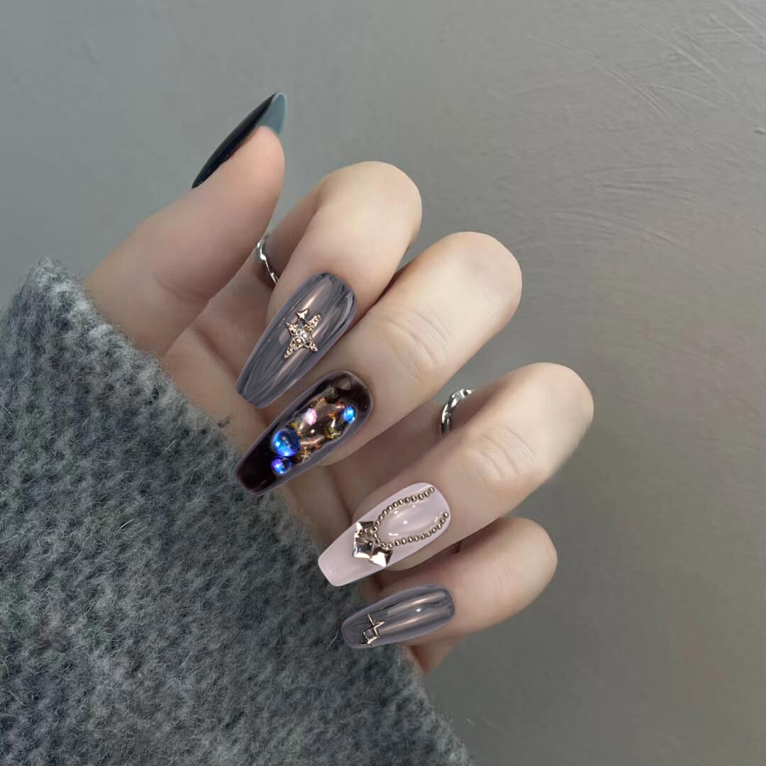 LIFOOST Long Coffin Press on Nails Handmade False Nails with Full Diamond Designs, Grey Y2k Luxury Reusable Fake Nails Stick on Nail, Size Small