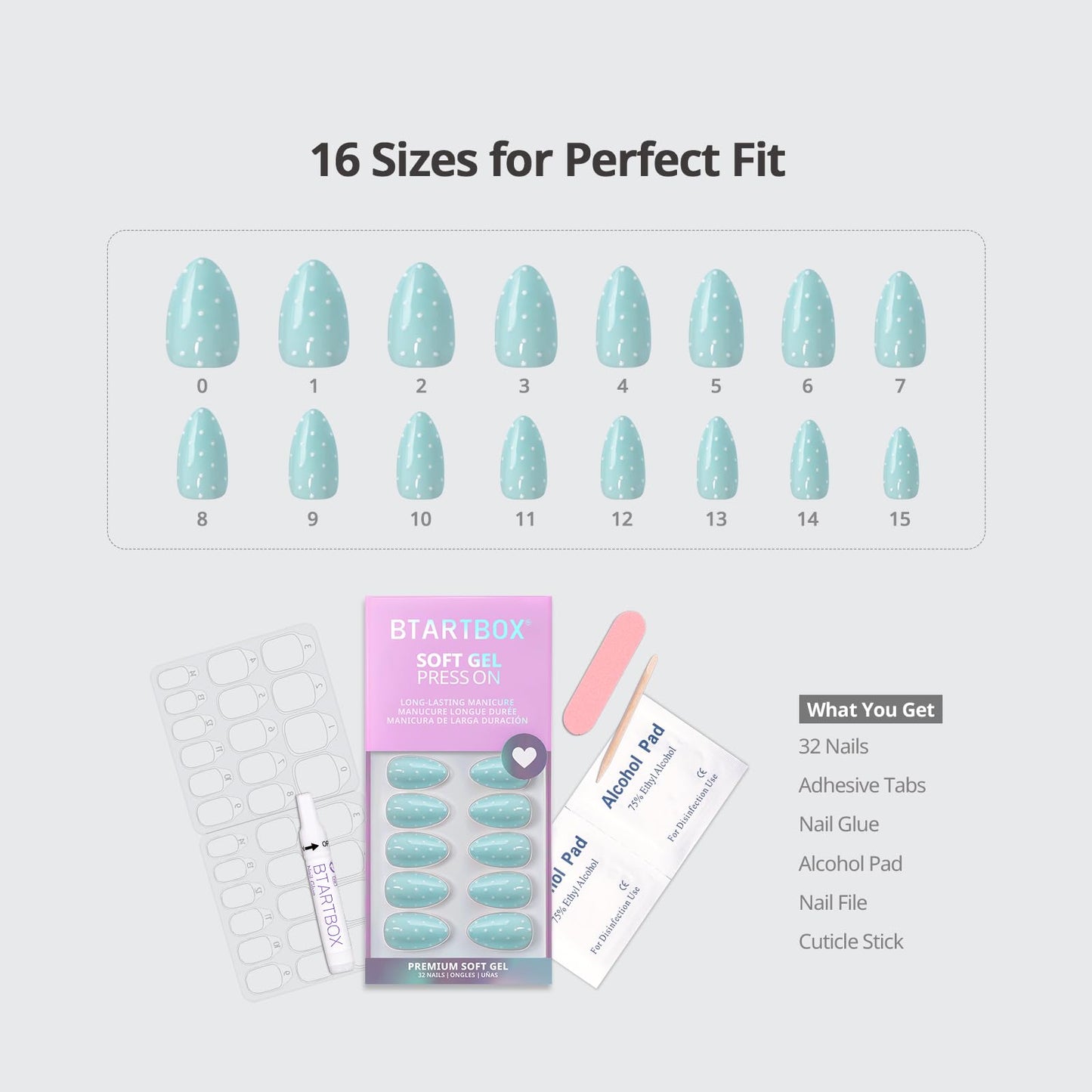 BTArtbox Press On Nails Short - Dotted Overalls, Easy-to-Apply Polka Dot Pastel Blue Almond Press On Nails with Glue and Adhesive Tabs in 16 Sizes - 32 Nails All-in-One Kit