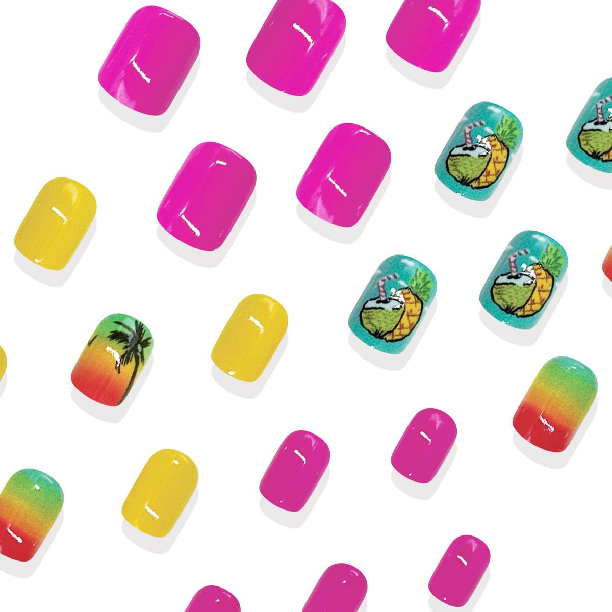 Tropical Press on Nails Short Square Fake Nails Summer Nails Press ons with Palm Tree & pineapple Design Full Cover Stick on Nails for Women Beach Manicure,Artificial | Reusable | Easy Apply | 24Pcs