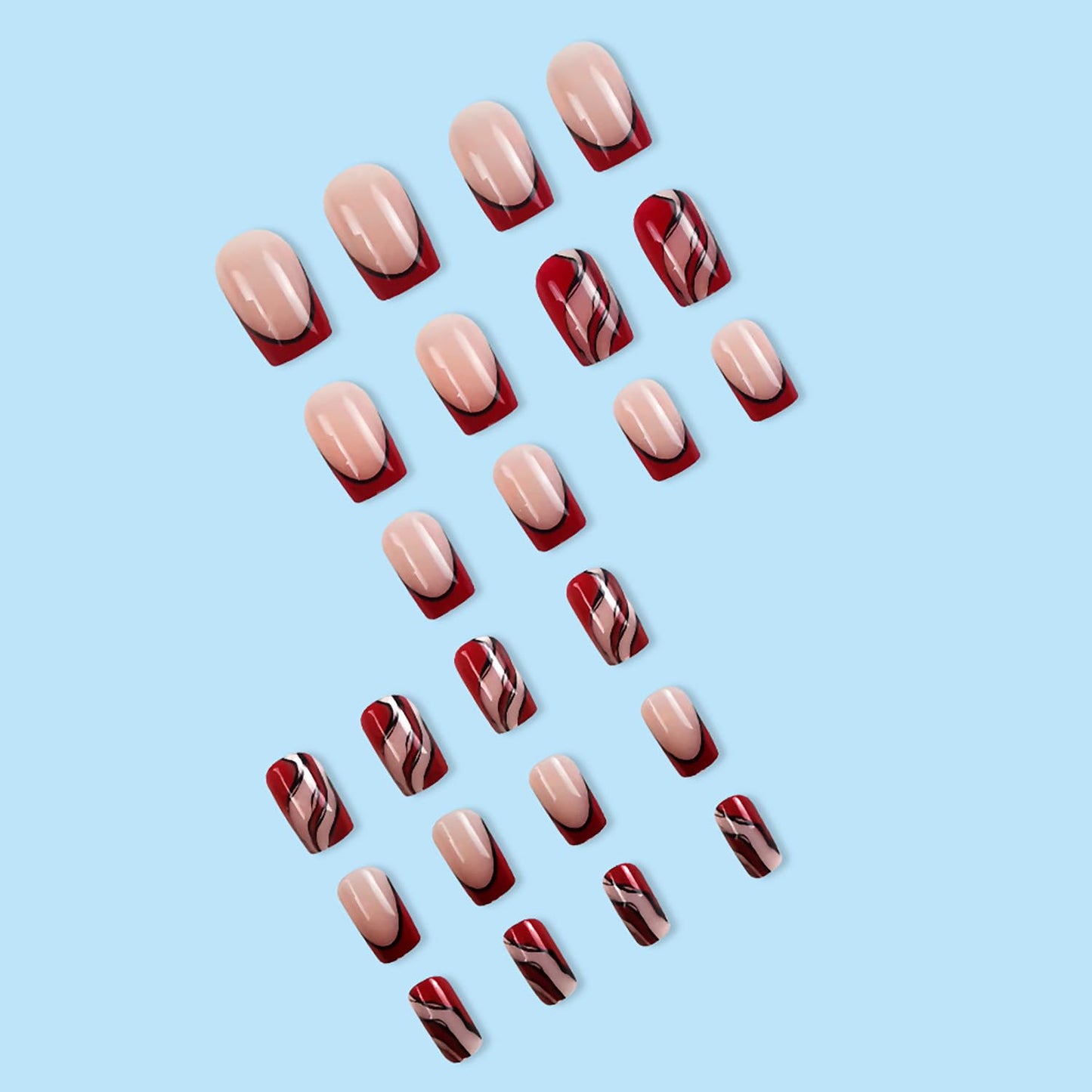 Vezocim Red Press on Nails Square Shapes 24Pcs French Tips Glossy Full Cover Medium Acrylic Square False Nails with Line Designs Artificial Coffin Fake Nails Glue Stick ons Fingernails for Women