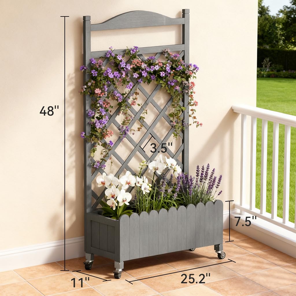 COMHOMA 2 Pack Raised Garden Bed with Trellis and Wheels,48Inch Elevated Planter Box with Drainage Holes,Lattice Privacy Screen for Climbing Plants Vegetables,Outdoor for Patio Balcony Yard,Gray