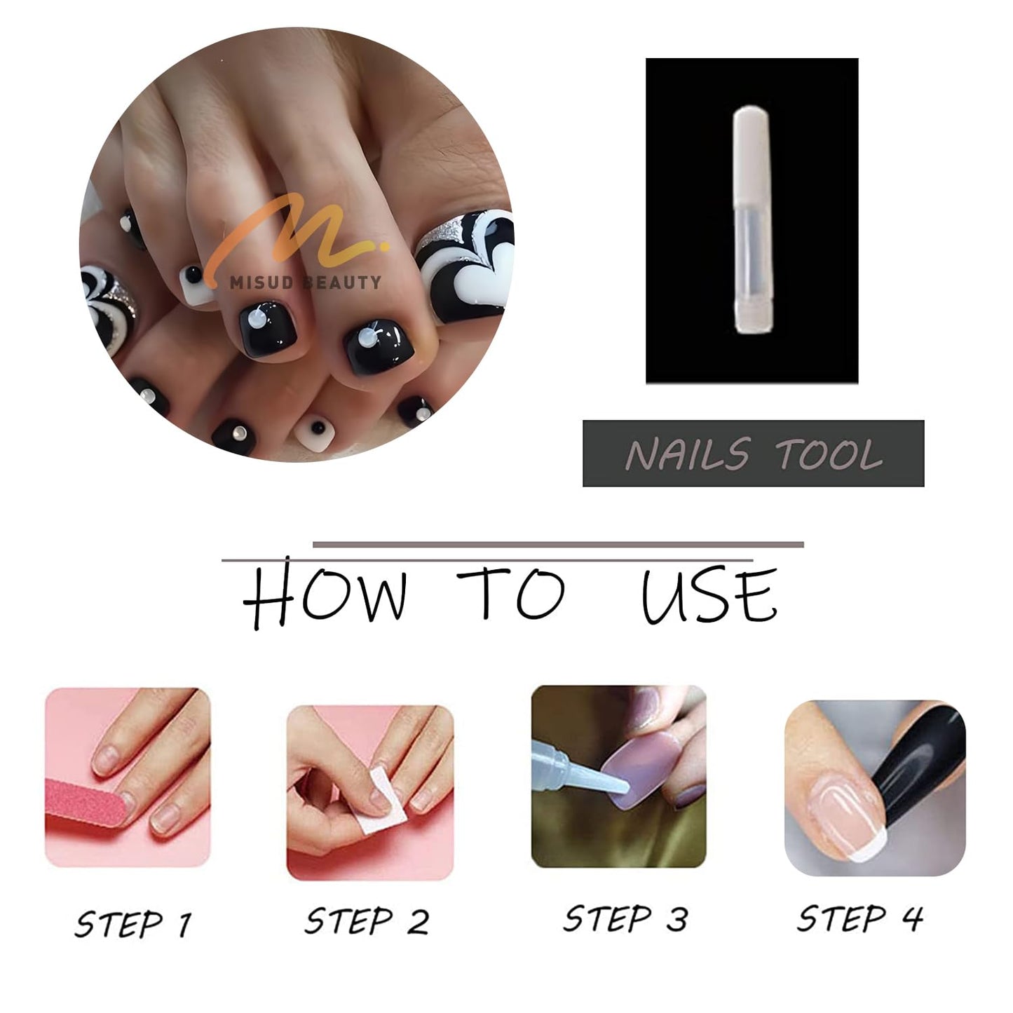 MISUD Toe Press on Nails - Fake Toenails with Black White, Acrylic Toenail Heart Polka Dot Design 24 pcs