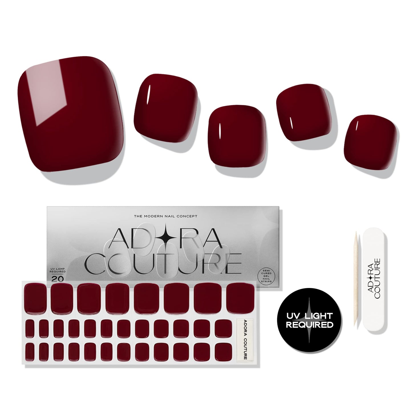 Semi Cured Gel Nail Strips – 32 Pcs Gel Pedicure Stickers - UV Nail Wraps for Toenails, Easy Application, Long Lasting, Salon Quality & UV Light Required - Dark Red P