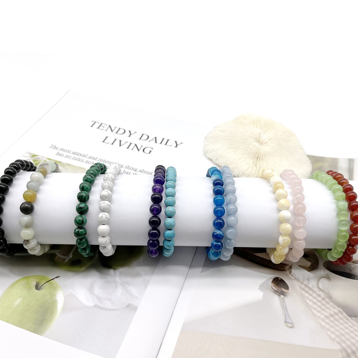 SROBENZ 12 PCS Gemstone 8mm Round Beaded Bracelet Set Healing Crystal Stone Stretch Bracelets for Women Men Round Beads Elastic Bracelets