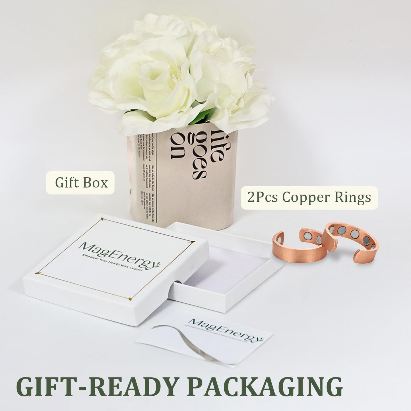 MagEnergy 2PCS Copper Rings for Men & Women, 99.9% Pure Copper Magnetic Adjustable Thumb Ring with Strong Magnet, Lymphatic Therapy Jewelry Gift with Present Box