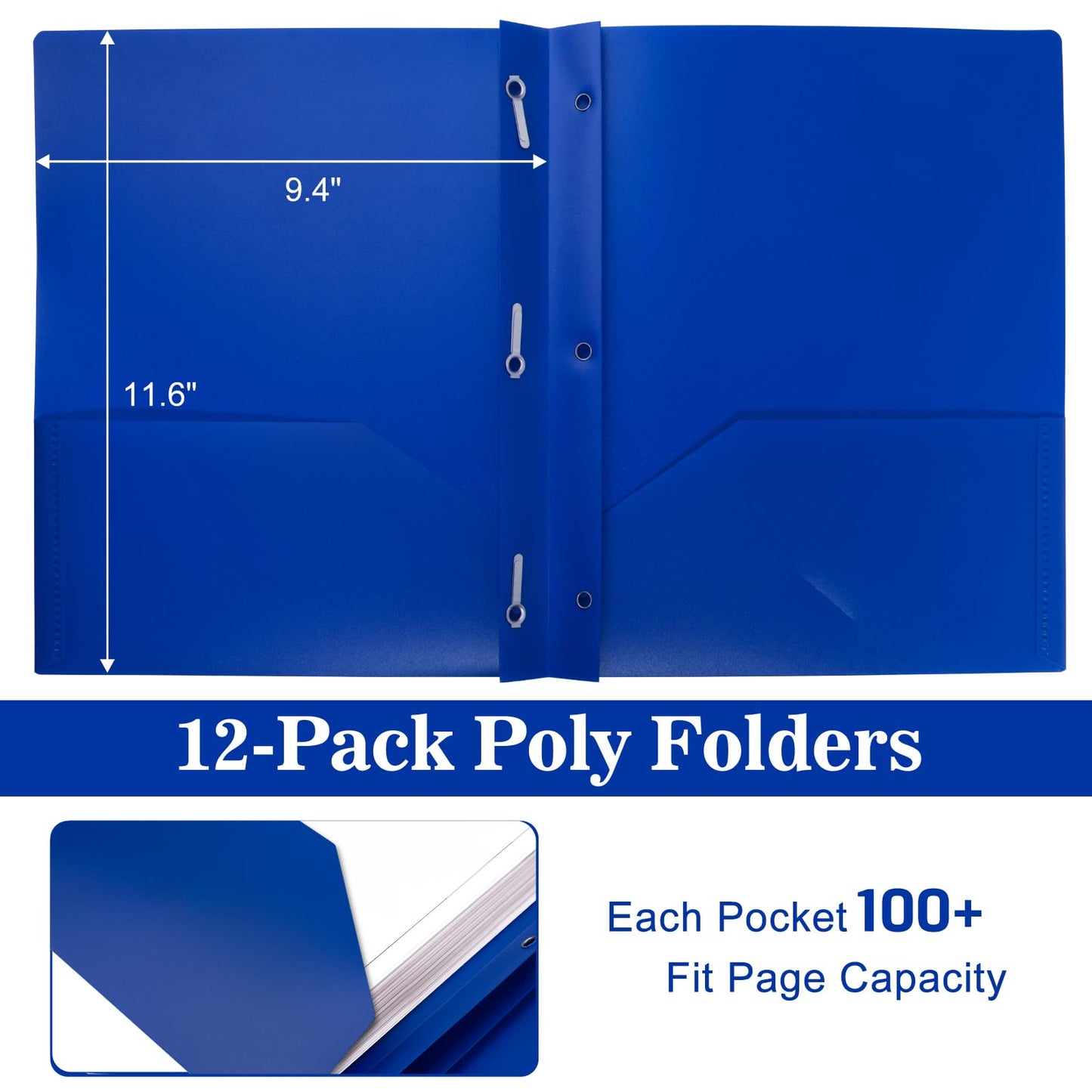 EEHZTSI 12-Pack Plastic Folders with Pockets and Prongs, 2-Pocket Poly Folders with 3 Fasteners Holds 8-1/2" x 11" Paper for School/Office/Home, Blue