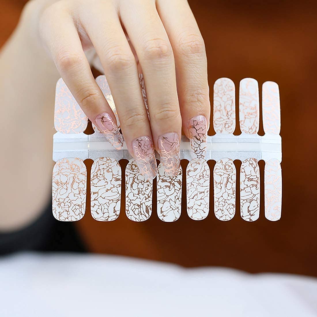 SILPECWEE 5 Sheets Rose Gold Full Nail Wraps Stick on Nail Polish Strips Stickers Tips Glitter Flower Manicure Design Adhesive Gel Nail Strips for Women with 1Pc File
