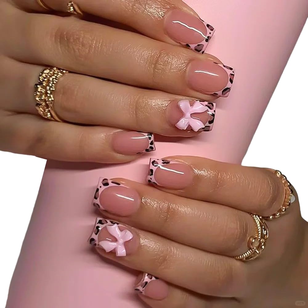 Handmade 10 Pcs French Pink Press on Nails Short Square 3D Bow Texture Design Spring Acrylic Nail Art Kit Fake Nails Press ons Nail Tips Full Cover Leopard Women Manicure (MT-118, M)