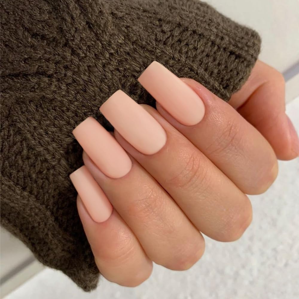 Matte Chalk Pink Press On Nails Medium Long Square, Xcreando Medium Coffin Nails Acrylic Press ons Glue on Nails, Solid Color Fake Nail for Women, Natural Thick Artificial Stick on
