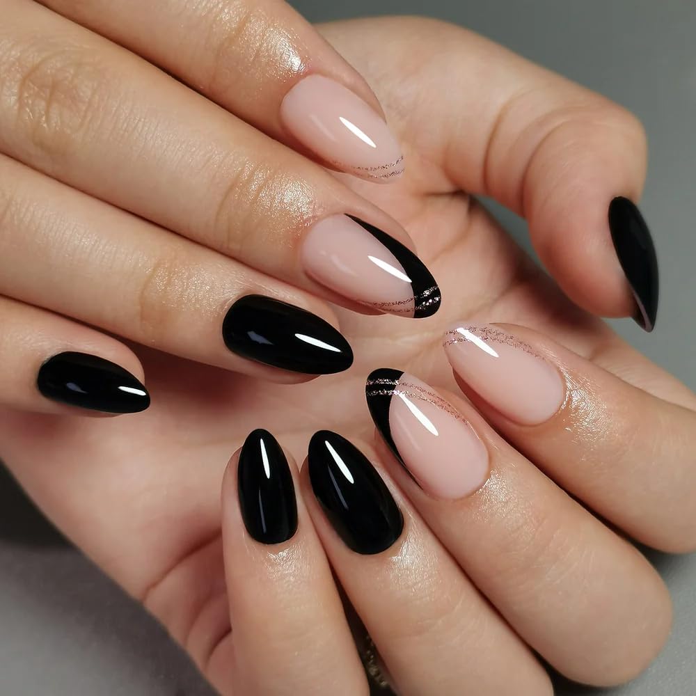 Curvlife Press On Nails Stick On Short Design Acrylic Stick On Nails Tips Glue On False Nails Kit For Women (Black gold border-gel, Medium)