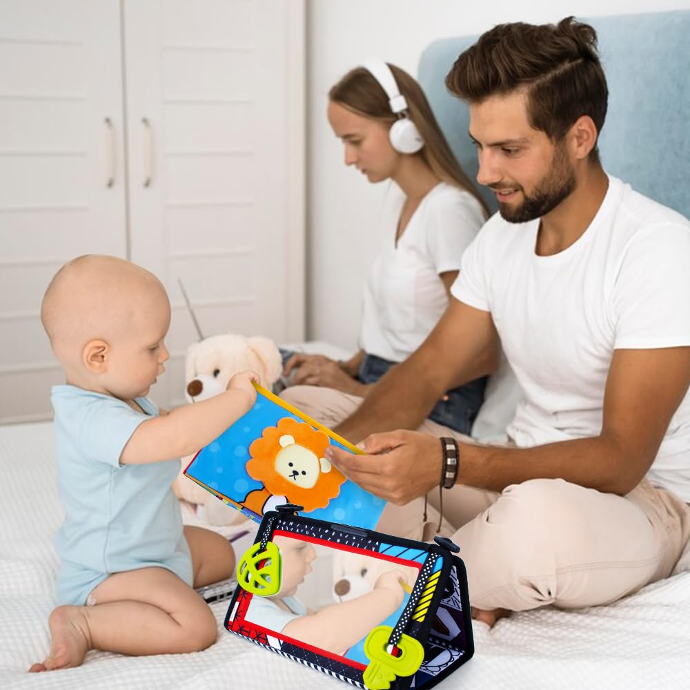Tummy Time Sensory Toy Infant Toys Newborn High Contrast Development Toy with Crinkle Cloth Book & Teethers Strengthens Neck & Core, 2 3 4 5 0-6 Month Montessori Crawling & Visual Stimulation Toys