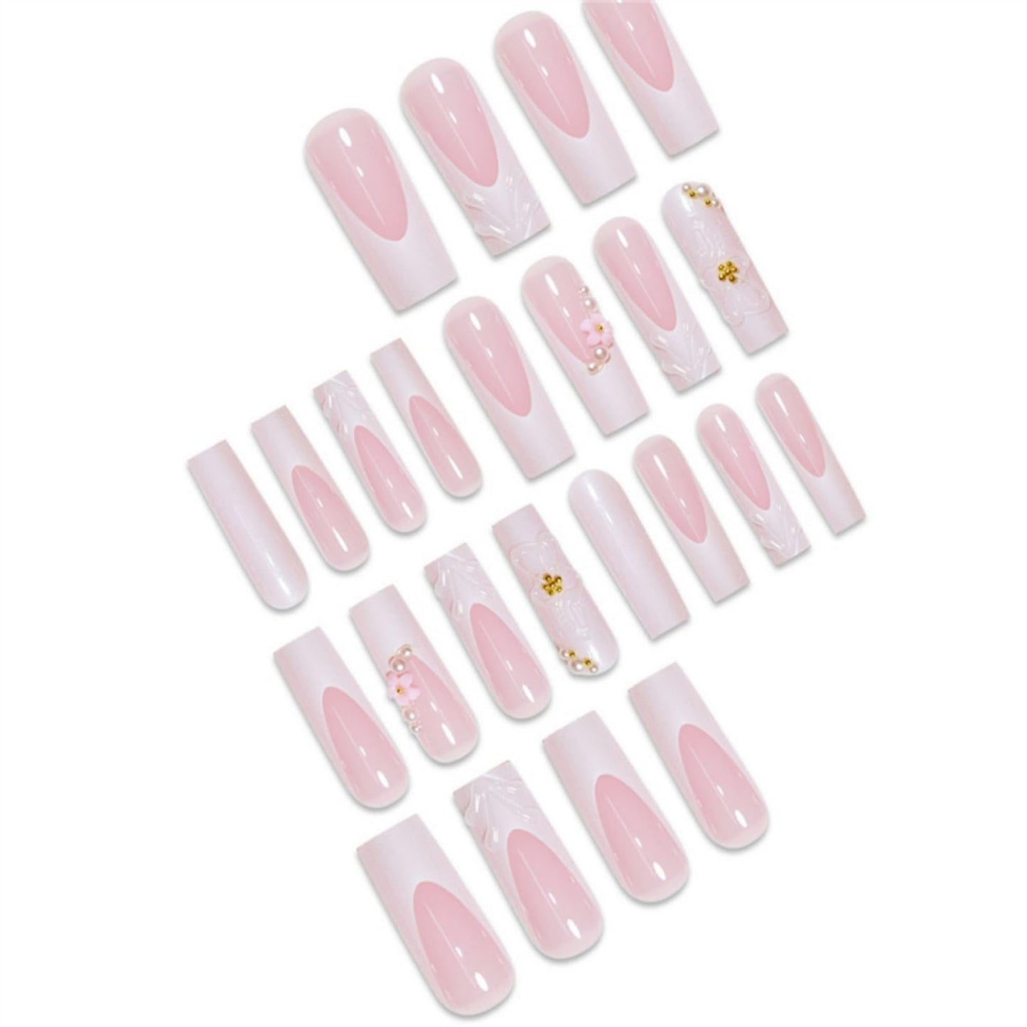 Square Press on Nails Long Fake Nails White Artificial Nail Flowers and Pearl Designs Glitter Stick on Nail for Women 24pcs