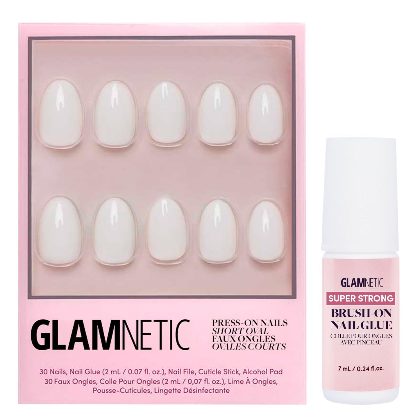 Glamnetic Press On Nails & Brush On Nail Glue Bundle - White Swan | Opaque Classic Off White Short Oval False Nails, Reusable | 15 Sizes - 30 Nail Kit with Glue