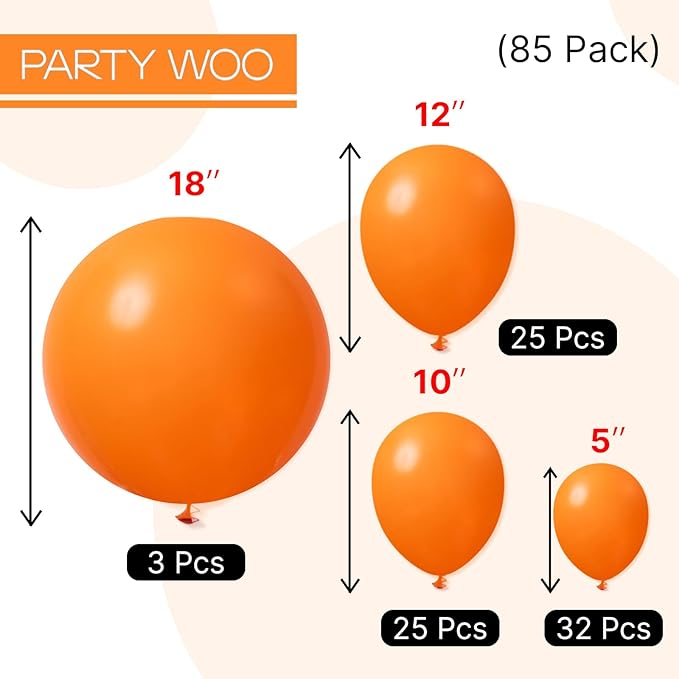 PartyWoo Orange Balloons 85pcs Different Sizes of 18 12 10 5 Inch Matte Fall Balloon Arch Kit Garland for Thanksgiving Halloween Little Cutie Baby Shower Birthday Party Decorations Orange-Y9