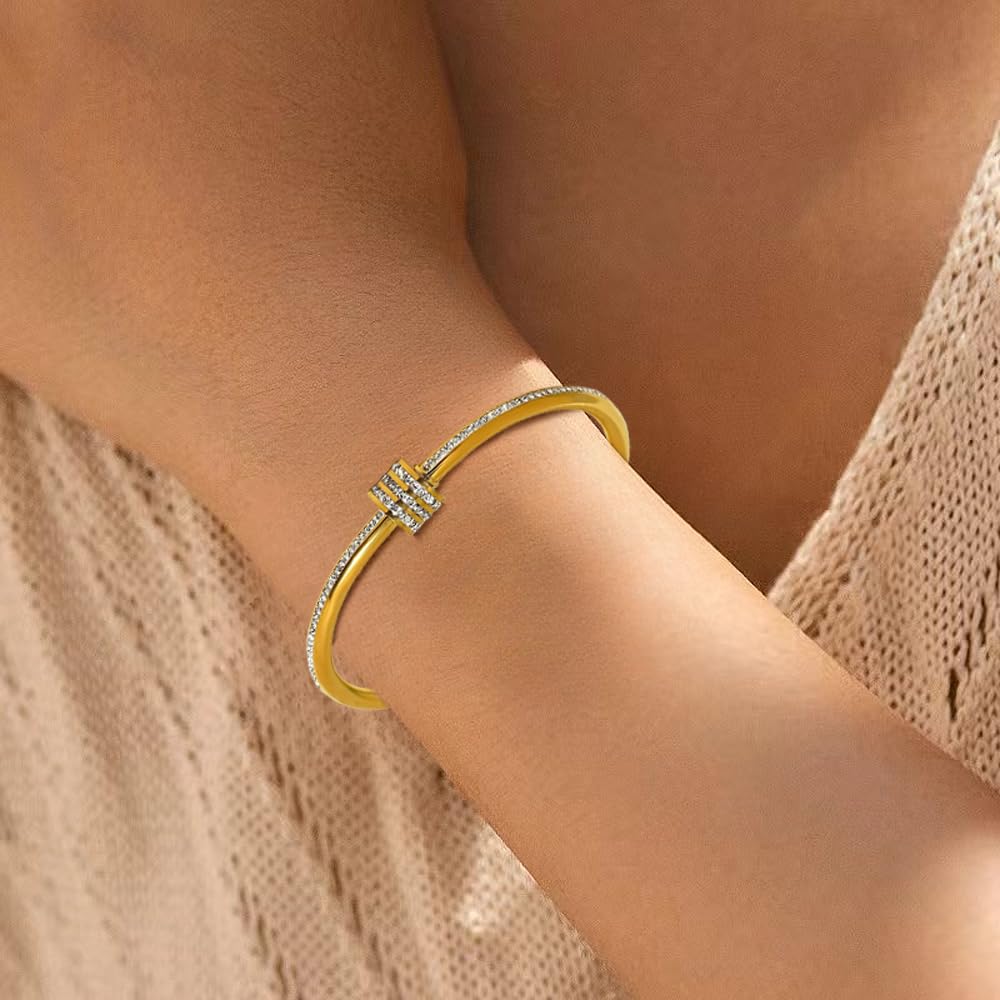 18K Gold Plated Bangle Bracelet for Women Personalized Cubic Zirconia Stainless Steel Bracelets Oval Tiny Waist Bangles Bracelets Gifts for Love (Spiral)