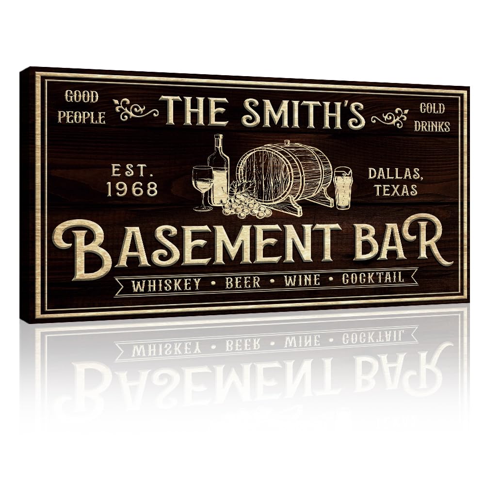 Tailored Canvases Custom Bar Sign - Personalized Basement Bar Decor, Lounge Canvas Wall Art for Man Cave, Kitchen, Pub & Diner, Rustic Home Bar Sign, Ready-to-Hang, Unique Printable Art