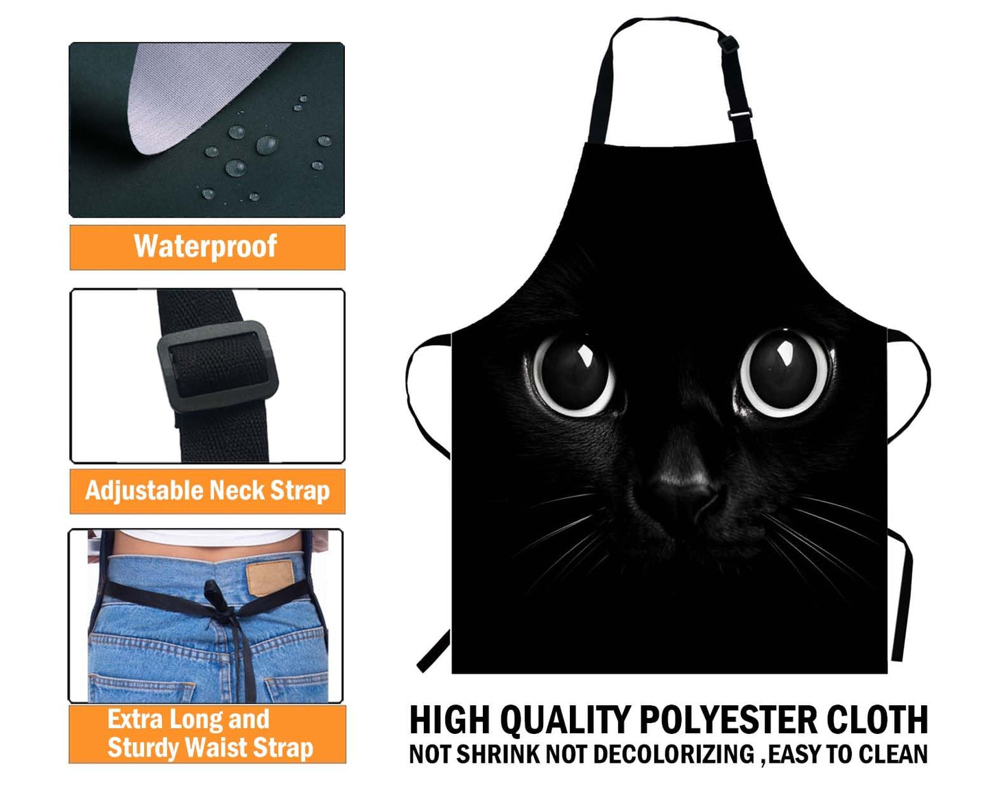 WONDERTIFY Black Apron,Cool Cat Head on Black Background Bib Apron with Adjustable Neck for Men Women,Suitable for Home Kitchen Cooking Waitress Chef Grill Bistro Baking BBQ Crafting Cobbler Apron