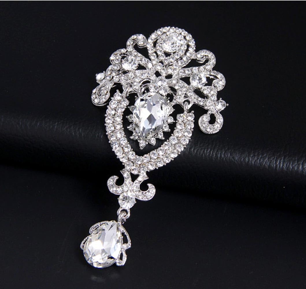Ezing 4 Pieces Lot Large Big Silver Gold Plated Assorted Crystal Rhinestones Brooch Pins Set (B)