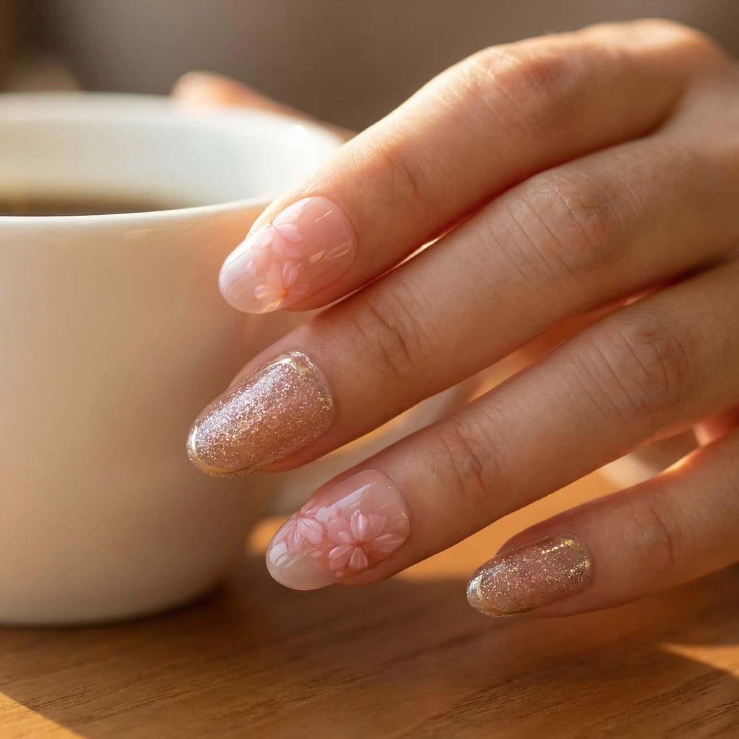 Summer Style Press on Nails Medium Almond Fake Nails Pink with Flower Designs Full Cover Glue on Nails Reusable Artificial Stick on Nails for Women 24 Pcs