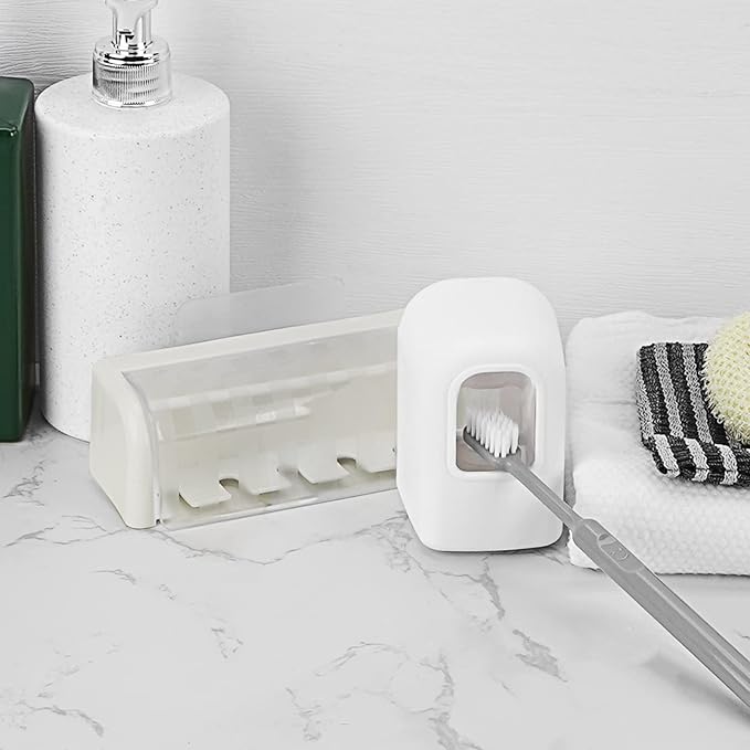 5 Slots Wall Mount Toothbrush Holder with Cover, Self Adhesive Toothbrush Storage Organizer for Shower, Toothbrush Hanger with Automatic Toothpaste Squeezer Dispenser