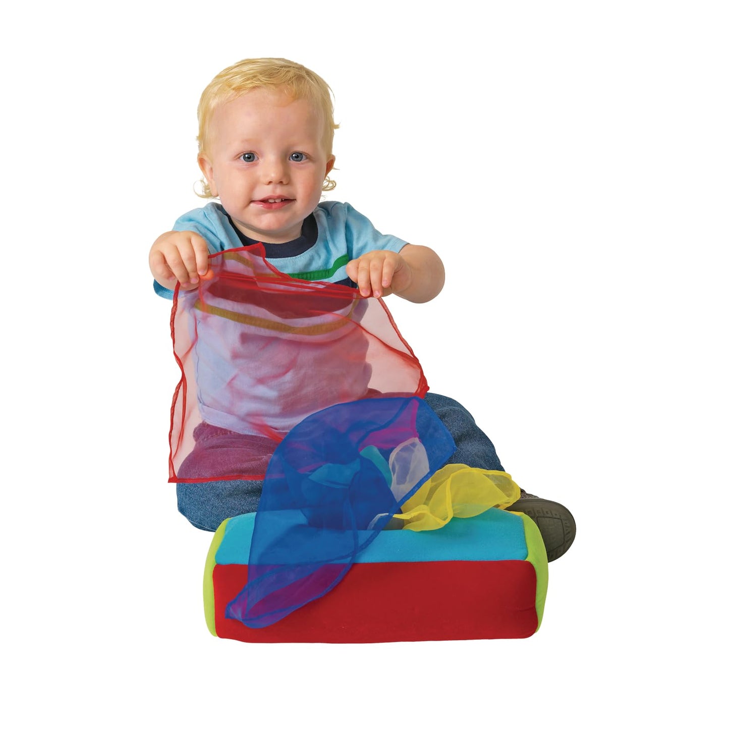 Excellerations Plush Pull & Play 12 inches L x 5-1/2 inches W x 3-1/2 inches H Tissue Box 12 Square Scarves for Children, Kids Educational Baby Toy, 9 Months and Up