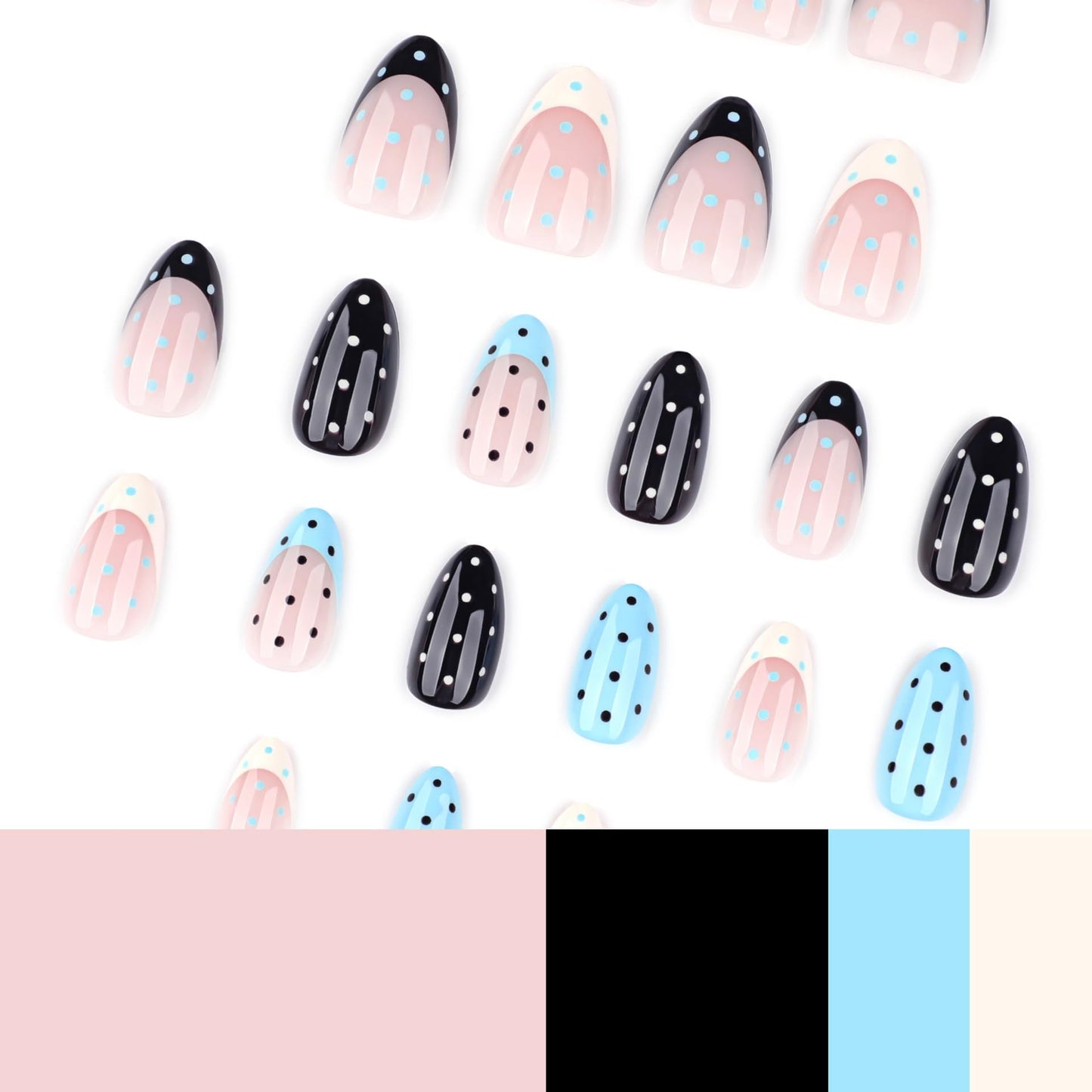 CTTHNBD Press on Almond Nails - French Tip Fake Nails with Polka Dot Design - Medium Full Cover False Nails - for Women 24 Pcs