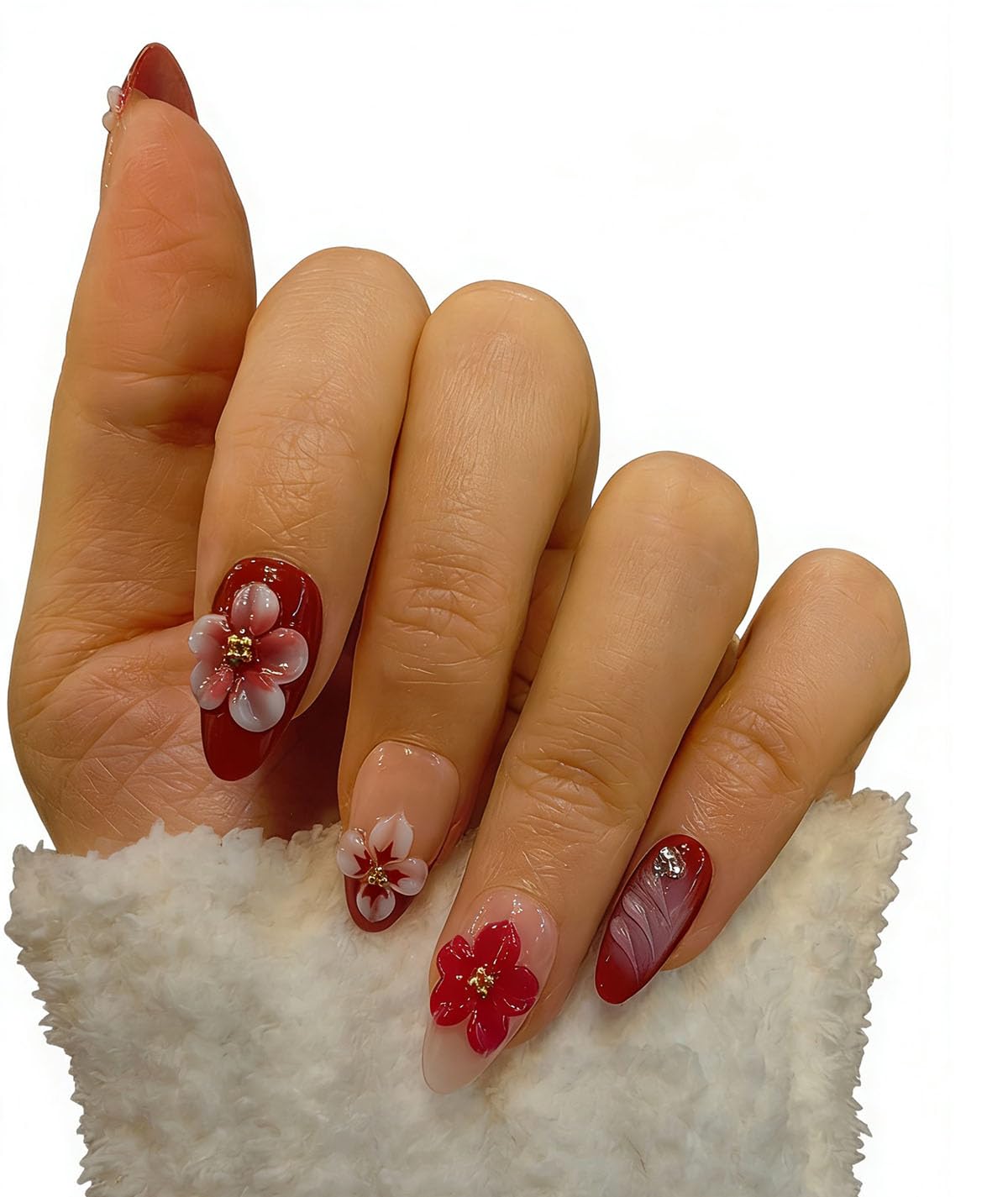10 short Almond Handmade Press On Nails | 3D Floral Red & Nude Romantic Cherry Blossom Design with Rhinestones,New styles | Skip Salon Trips, Easy to Apply & Remove, Reusable (251108, S)