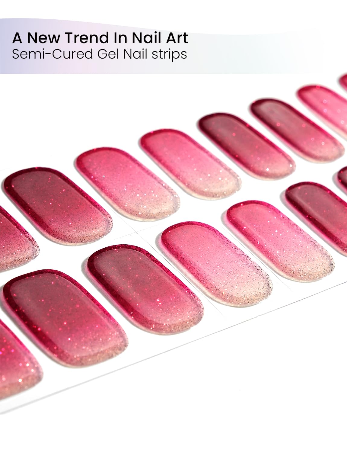 Oauee Semi Cured Gel Nail Strips | Built-In Gel Top Coat | UV Light Required | Salon Quality, Easy Application And Removal (Ruby Glitter）