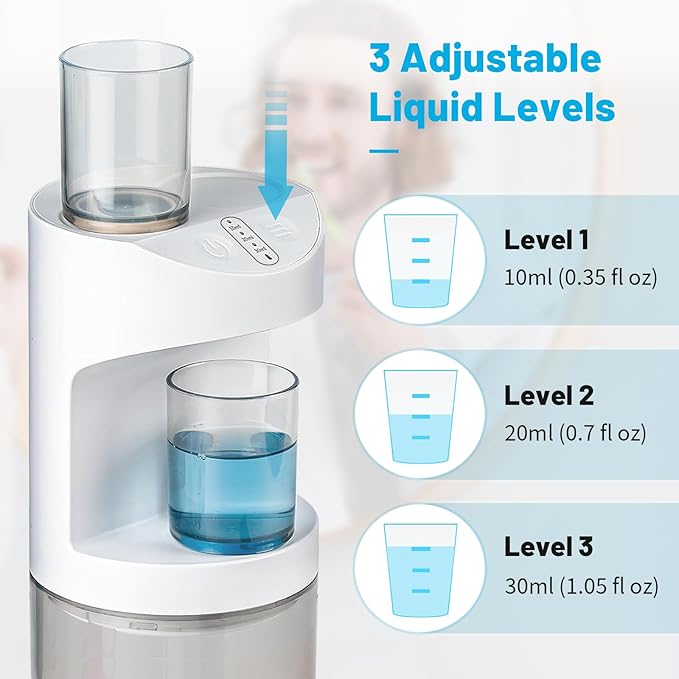 Automatic Mouthwash Dispenser, 19.35oz Touchless Electric Wall-Mounted & Countertop, Rechargeable Mouth Wash Dispensers for Bathroom with Magnetic Cups for Kids & Adults, White