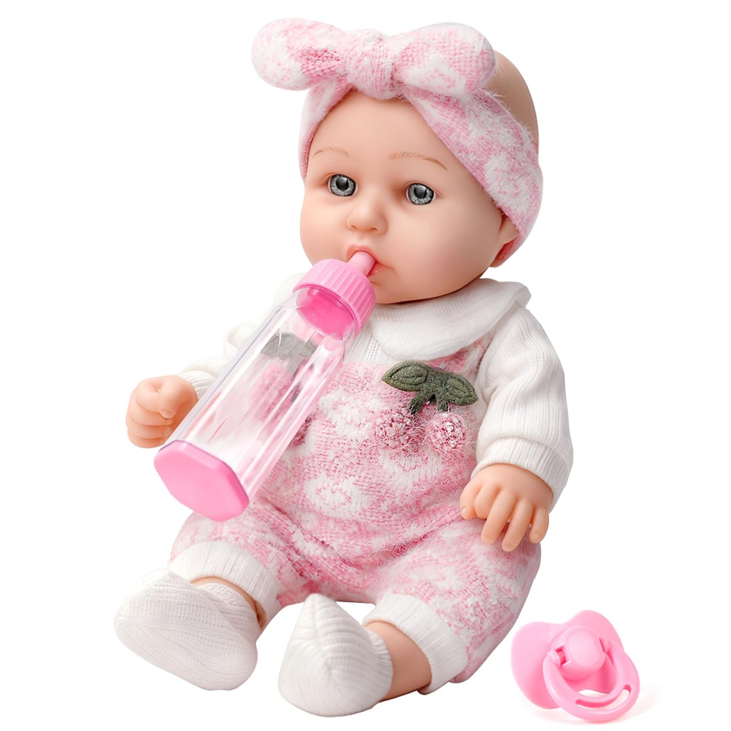 ZNTWEI 12'' Baby Doll Playset in Gift Box with Pink Cherry Pattern Clothes Accessories,Pacifier,Feeding Bottle.First Baby Dolls for Toddlers 3+ and Up