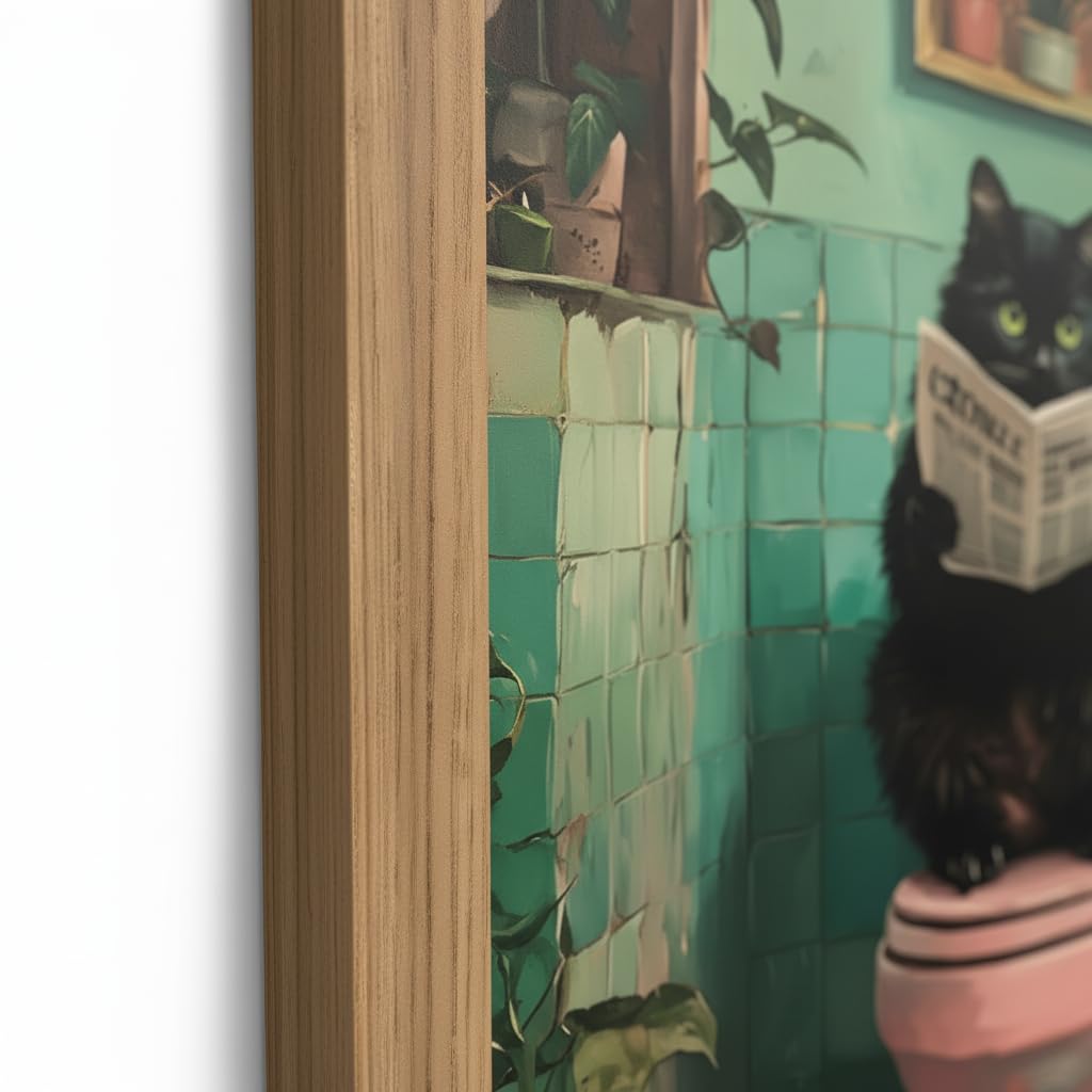 Funny Bathroom Wall Art Black Cat on Toilet Reading Newspaper, Humorous Cat Bathroom Decor Canvas Print, Quirky Animal Restroom Wall Decor Framed Artwork for Bathroom Home 8x10 Inch