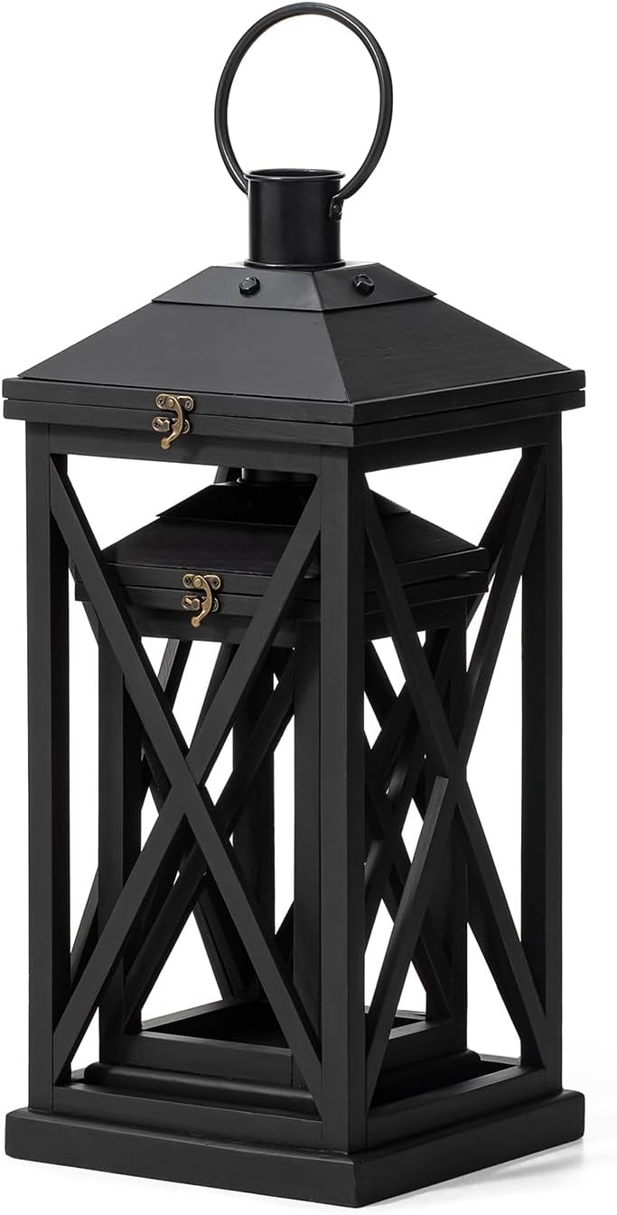 Glitzhome Modern Farmhouse Wooden Lantern Hanging Decorative Candle Lantern for Outdoor & Indoor Black Set of 2 (No Glass)