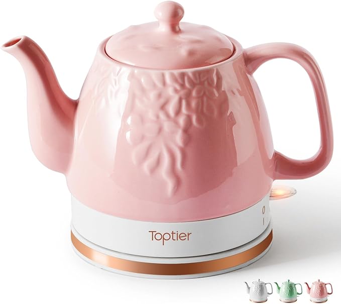 Toptier Electric Ceramic Tea Kettle, Boil Water Quickly and Easily, Detachable Swivel Base & Boil Dry Protection, Carefree Auto Shut Off, 1 L (1 LITER, Light Pink)